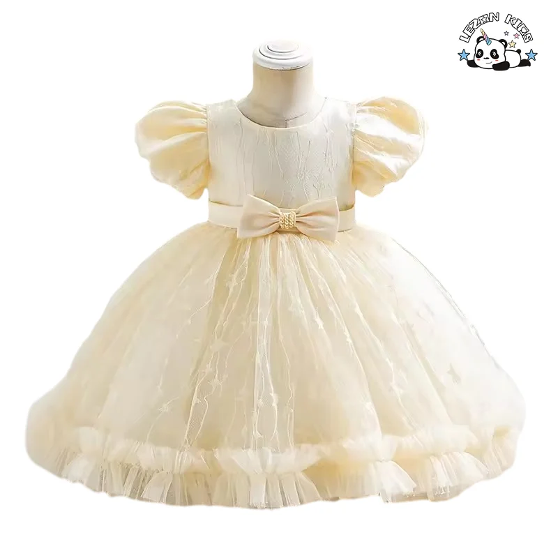 LEZONKIDS - Pink Flower Sequins Girl Dresswith Puff Sleeves Pageant Dress in Wedding or Party for 1st Baby Girl